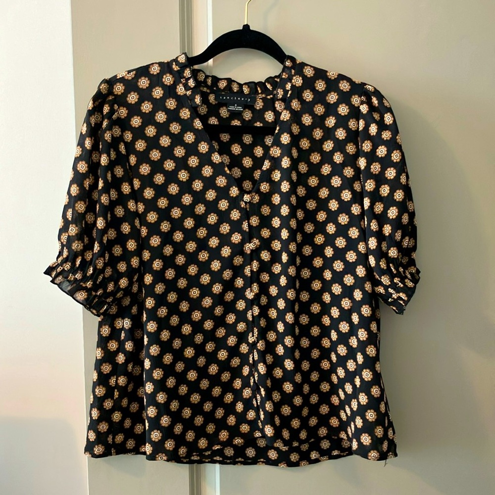Sanctuary Black Puff Sleeve V-Neck Blouse with Tan Floral Dot Print